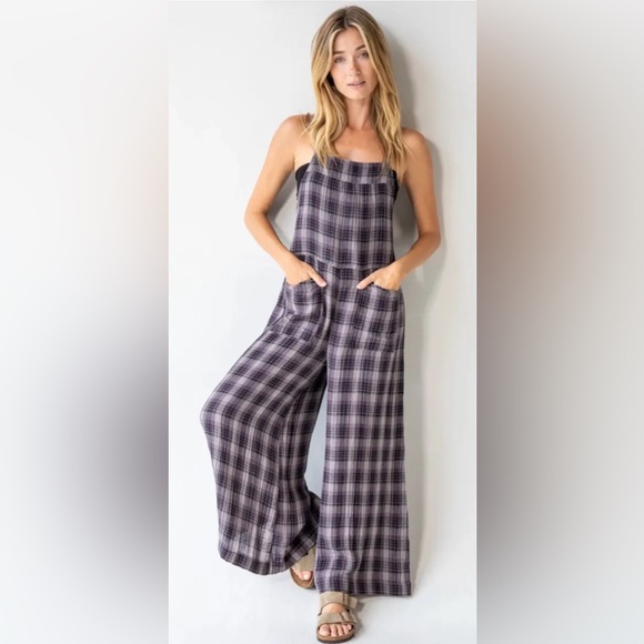 Natural Life Dakota Tie Plaid Wide Leg Gauzy Overalls in Grey Plaid Size Small - Picture 2 of 11